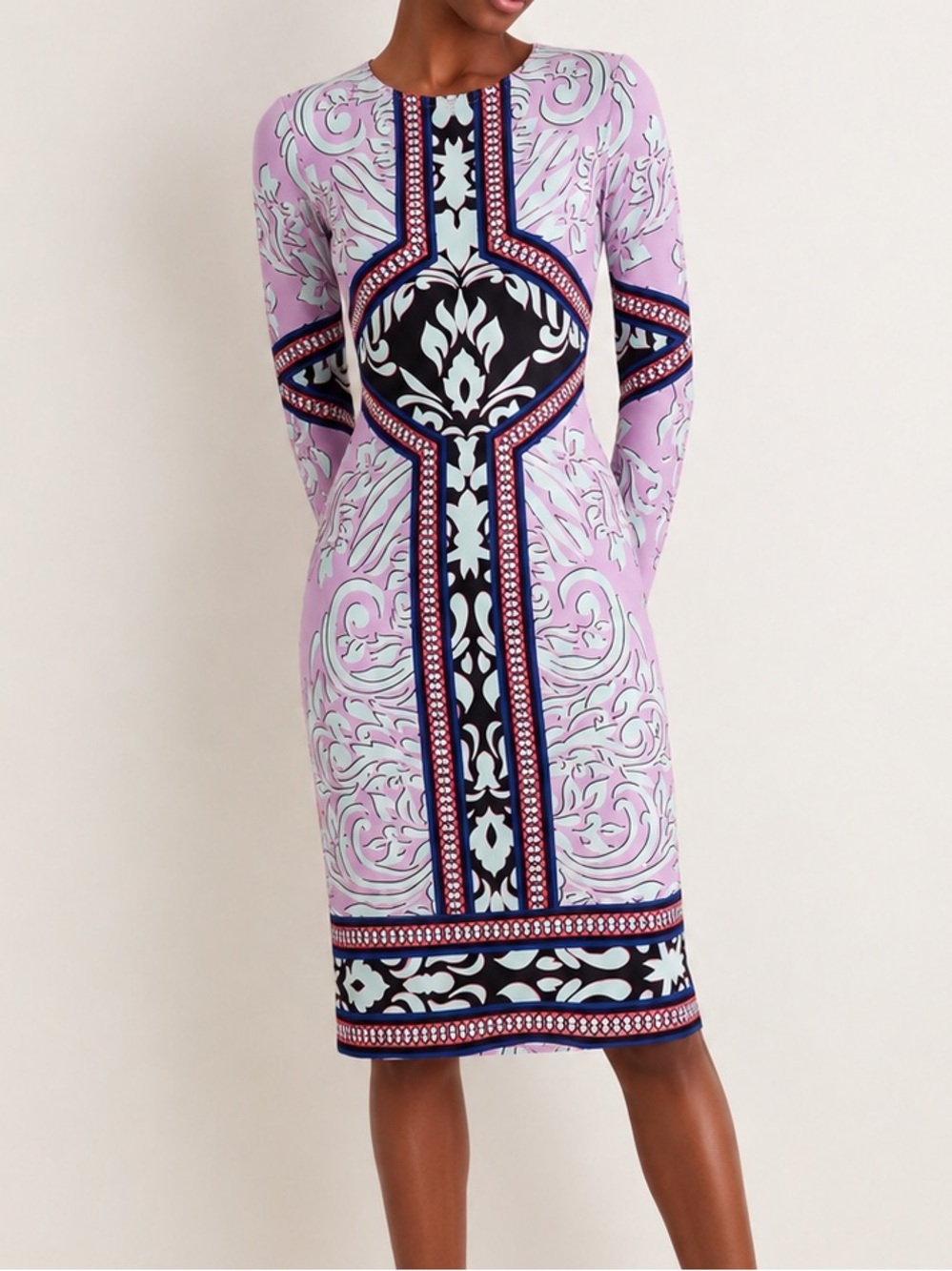 Hale Bob Pink & Purple Printed Bodycon Shift Dress Boho Luxe Stretch Midi Small